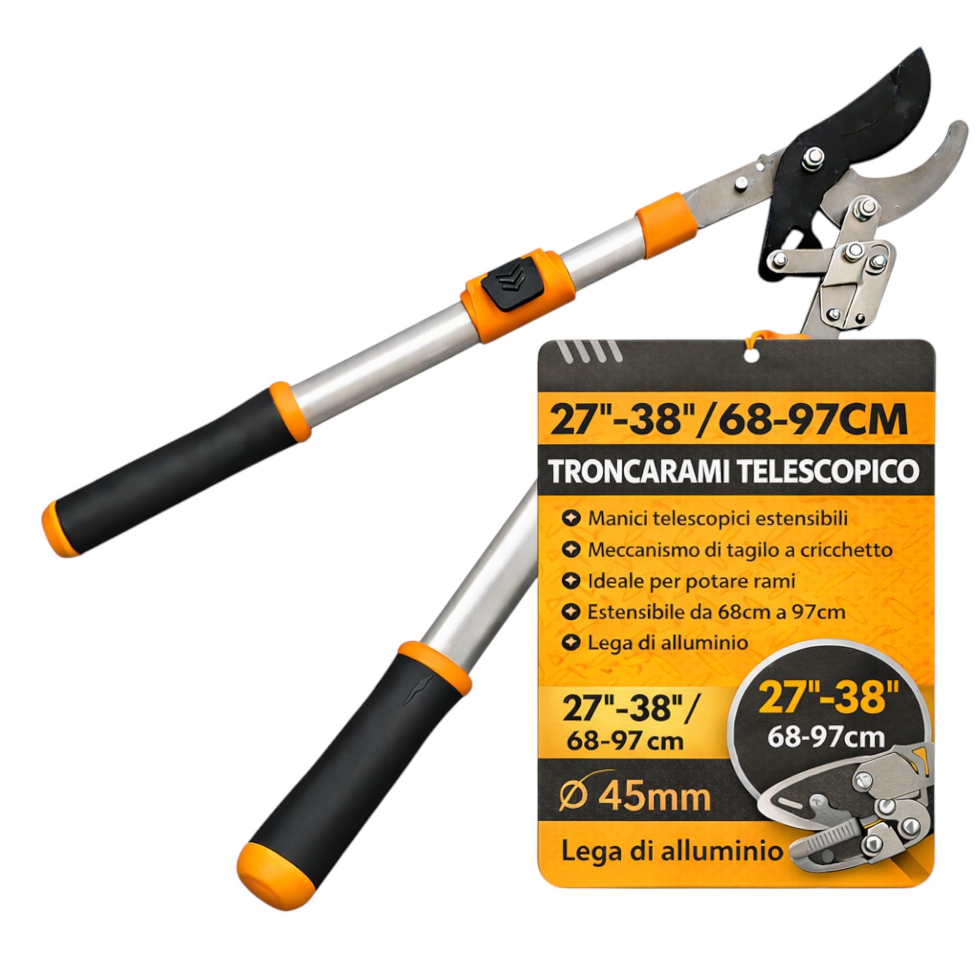 Topolenashop Cesoie Troncarami Telescopiche a Cricchetto 27-38” (680-970 mm) – Forbici Potatura Professionali con Manici in Alluminio per Rami Fino a 45 mm | 351393