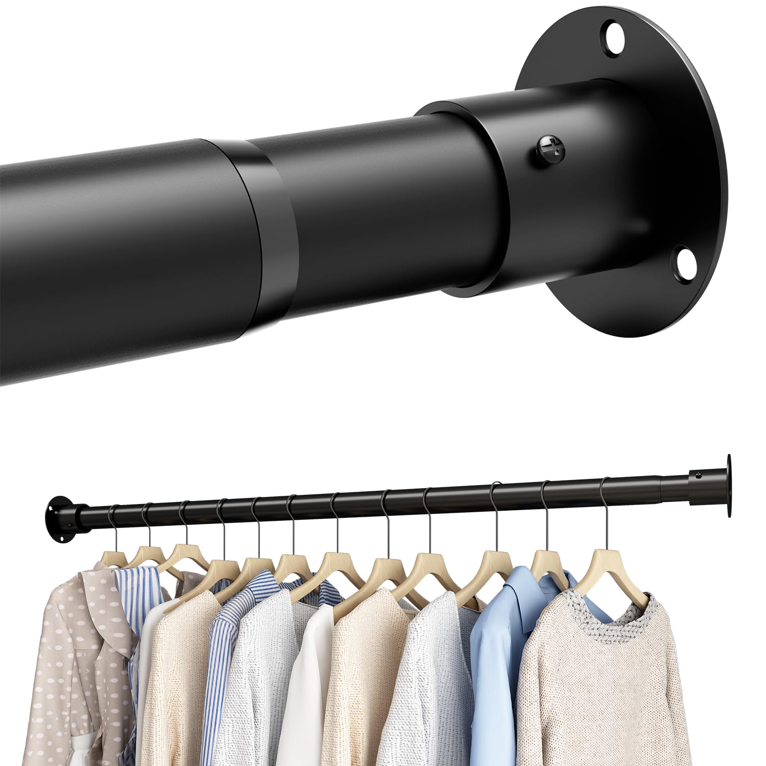 Kleiderstange Schrank, Garderobenstange Schwarz, Kleiderstange Verstellbar für Schrank, Kleiderschrank, Waschküchen, 45-68cm Schwarz (Durchmesser 25mm)