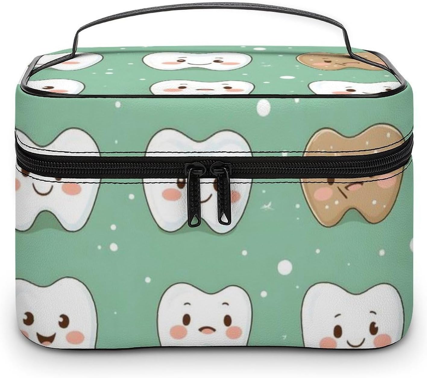 Large Travel Makeup Bag Organizer Leather - Travel Bright Cute Teeth Print Cosmetic Toiletry Bag for Women, Nail Skincare Makeup Case Organizer with Compartments Brush Storage And Handle