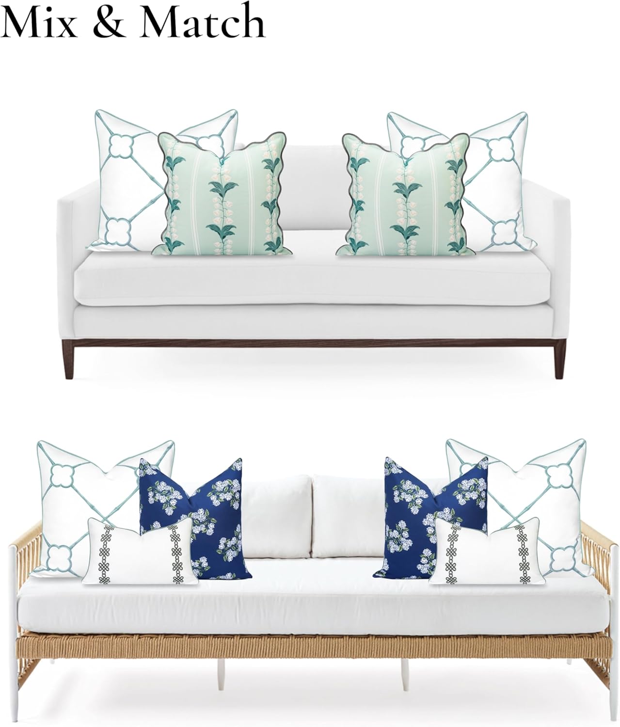 Hofdeco Premium Coastal Hampton Patio Indoor Outdoor Throw Pillow Cover Only, 22"x22" Water Repellent for Backyard, Couch, Poolside, Forest Celadon Green Print Bamboo Trellis