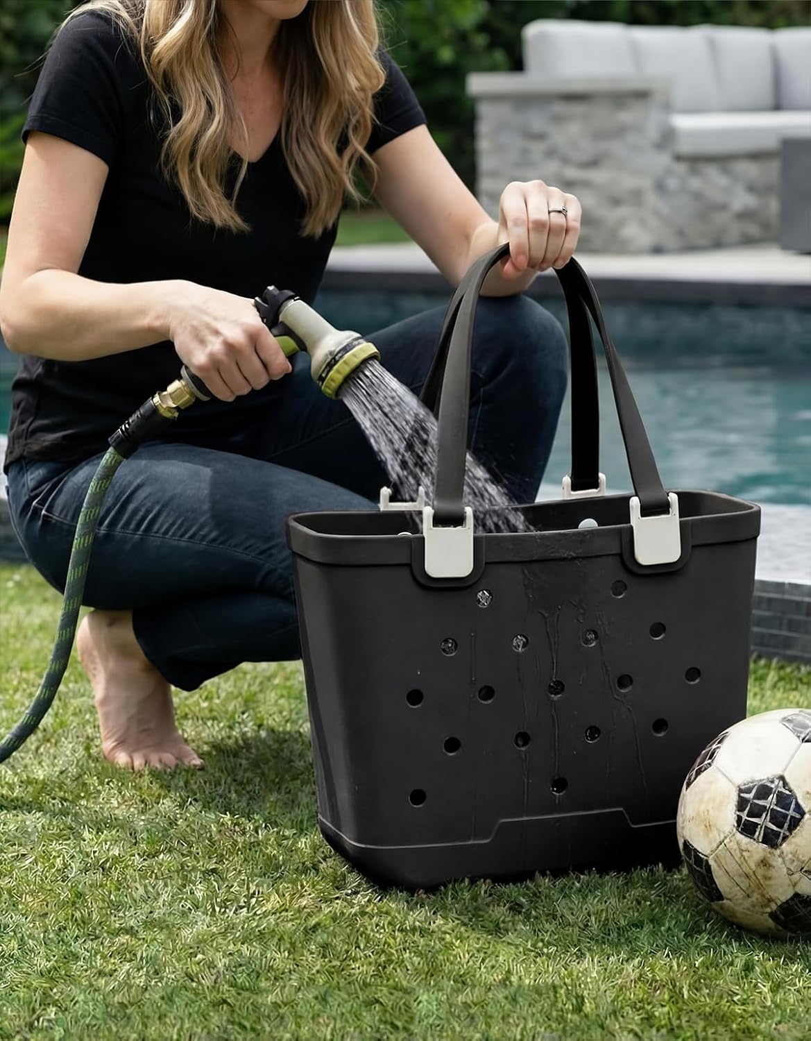 Beach Bag - Medium Tip-proof Rubber Tote with Waterproof Pocket for Travel & Pool- 14.57" L x 5.9" W x 11.61" H