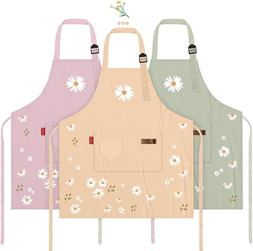 KAQ Paquete de 3 delantales florales para mujer con bolsillos, delantales de chef ajustables de algodón para cocina, cocina, barbacoa y parrilla