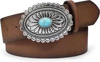 Womens Western Leather Belt Vintage Medieval Turquoise Buckle Belt Ladies Cowgirl Concho Leather Belt