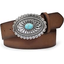 TRIWORKS Womens Western Leather Belt Vintage Medieval Turquoise Buckle Belt Ladies Cowgirl Concho Leather Belt