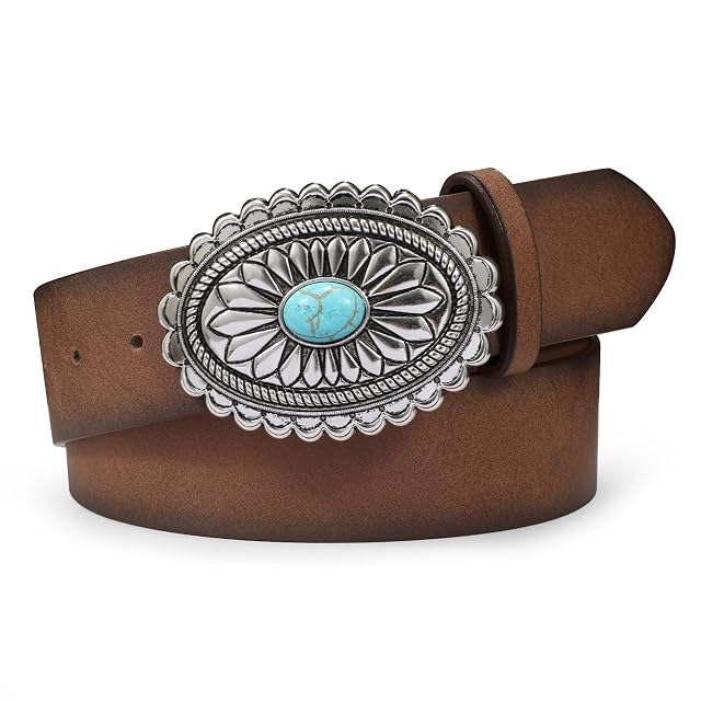 TRIWORKS Womens Western Leather Belt Vintage Medieval Turquoise Buckle Belt Ladies Cowgirl Concho Leather Belt