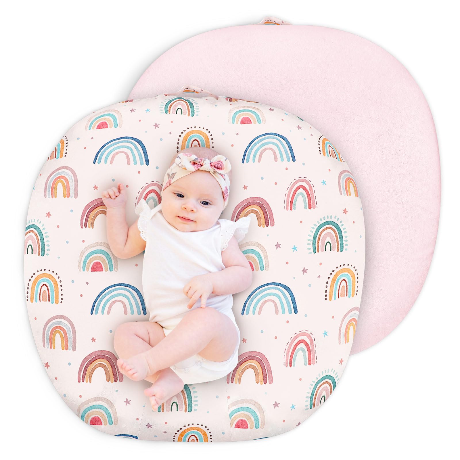 CARUILI Newborn Lounger Cover for Girls Boys, Removable Soft Baby Lounger Cover, Reversible Infant Lounger Cover Minky, Pink Cute Rainbow (Only Cover)