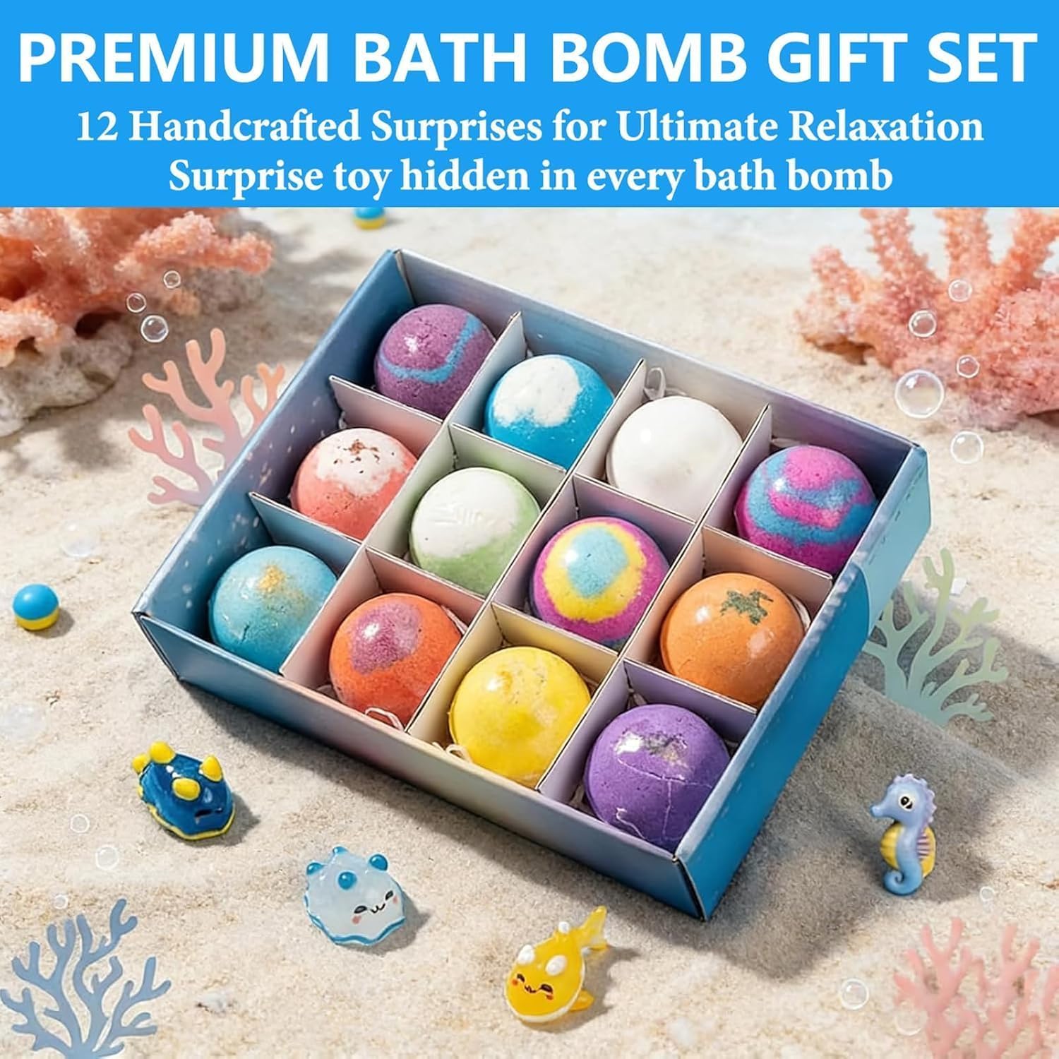 STOAT Bombe da Bagno Bambini con Sorpresa, 12Pz Scatola Regalo con Giocattoli, Naturali Bio, Schiuma Bagno Delicata per Ragazzi