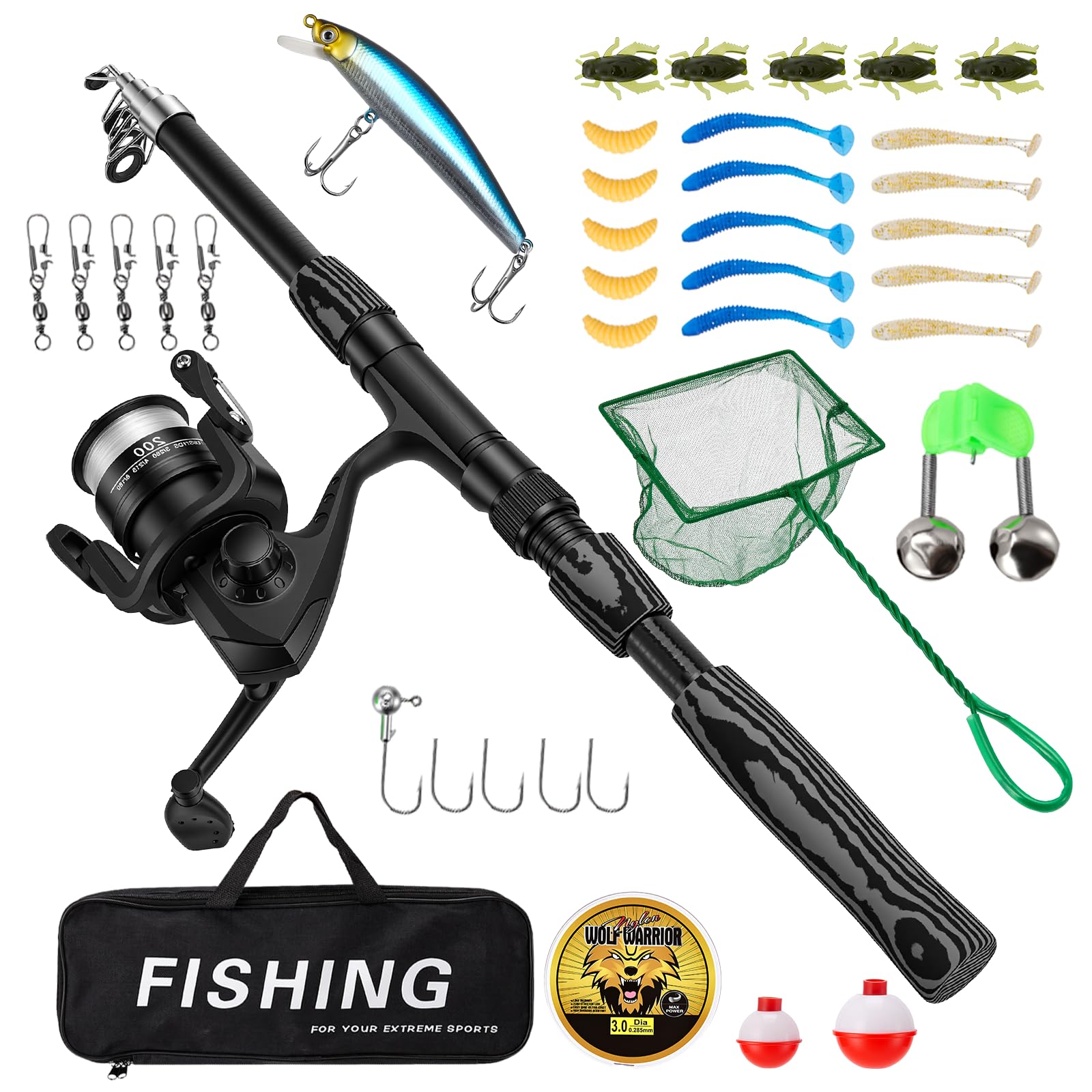 Juego de caña de Pescar telescópica (1,8 m), Incluye carretes de Spinning caña señuelos sacadera sedal Accesorios y Bolsa Juego Completo para Pesca en Agua Salada y Dulce