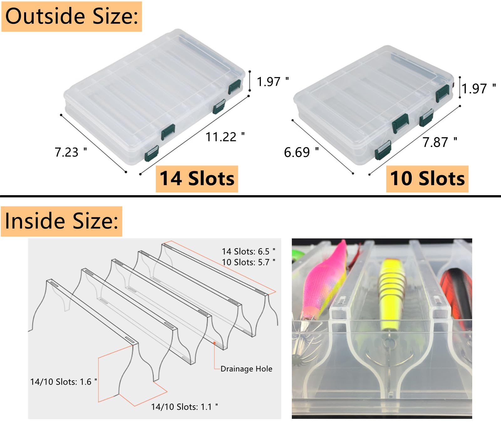 Double-Sided Fishing Lure Hook Tackle Box Visible Hard Plastic Clear Fishing Lure Bait Squid Jig Minnows Hooks Accessory Storage Case Container (Clear-14 Slots) : Sports & Outdoors
