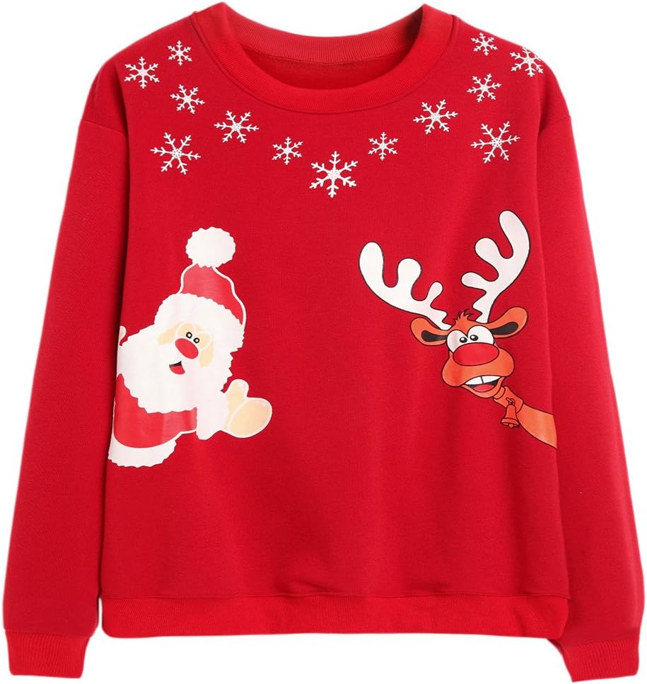 Dudebabe Womens Round Neck Christmas Santa Claus Printed Pullover Fleece Sweatshirts Red 3XL