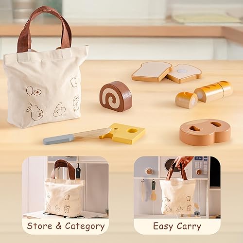 Miniatura 7 de ROBOTIME Juego de pan de madera para cortar alimentos, juguete de simulación para jugar cocina con bolsa de compras, accesorios de cocina para
