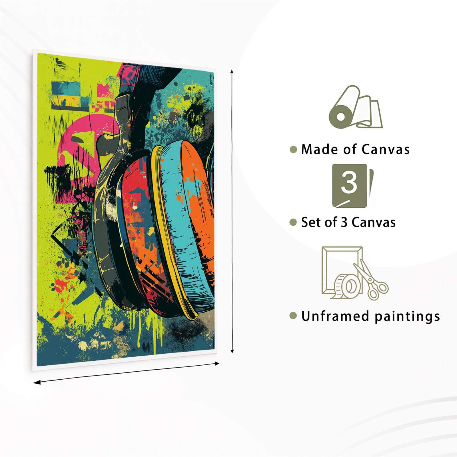 Générique 3 Pièces Street Art Graffiti Tableau Decoration Murale, Impression sur Toile Jeu Manette Casque pour Maison Déco, Toile Peinture Affiche Chambre Bureau 50 x 70 cm