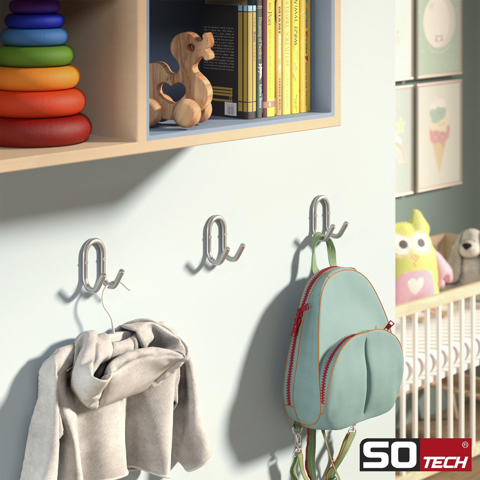SOTECH Juego de 5 percheros FARA 88 x 51 mm, auténtico acero inoxidable cepillado, ganchos para ropa, ganchos para pared, ganchos para chaquetas
