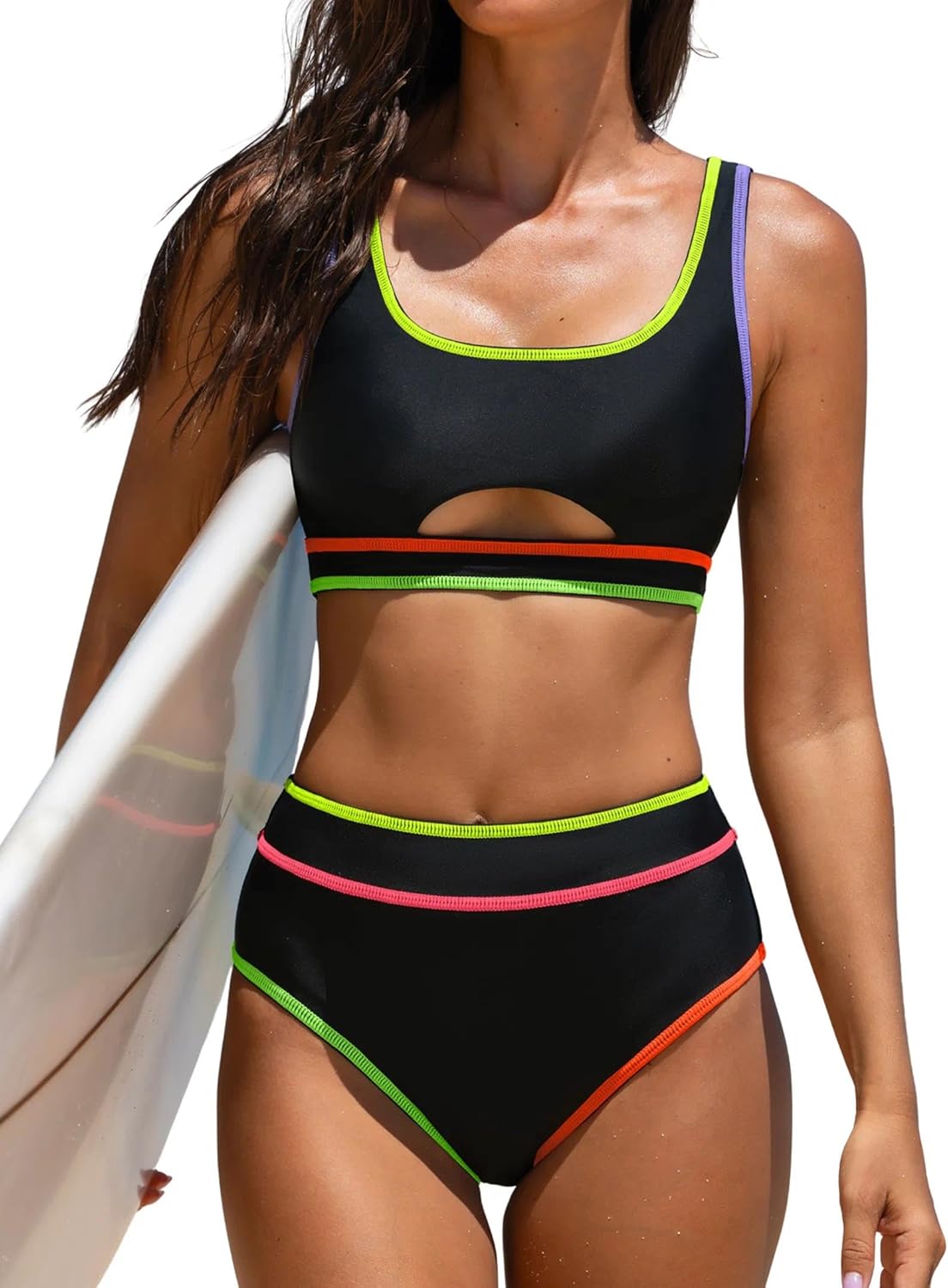 popvil High Waisted Bikini Sets for Women Two Piece Sporty Swimsuit Neon Cut Out Crossback Bathing Suit 2026