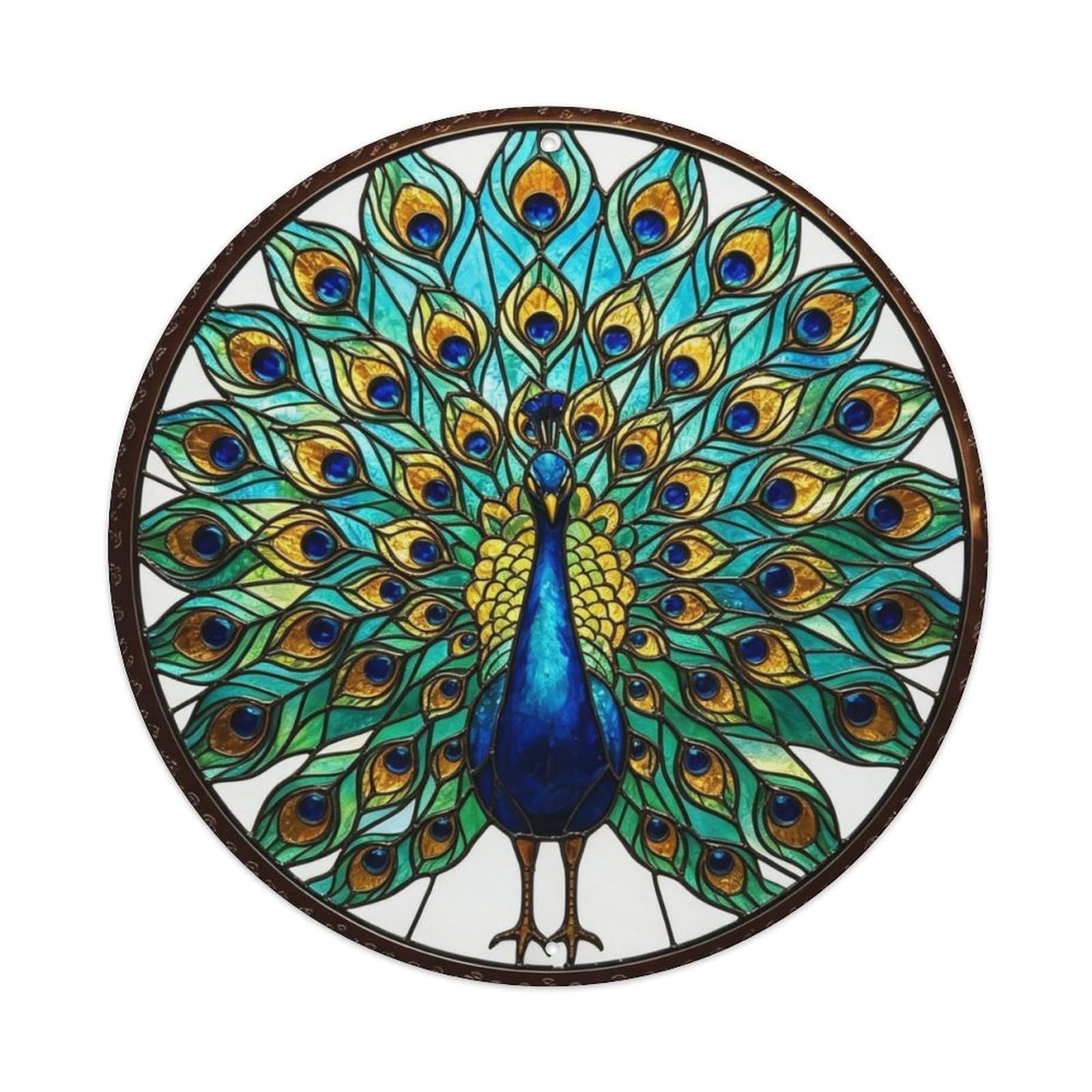 Iridescent Peacock Feather Stained Glass Metal Tin Sign Plaque