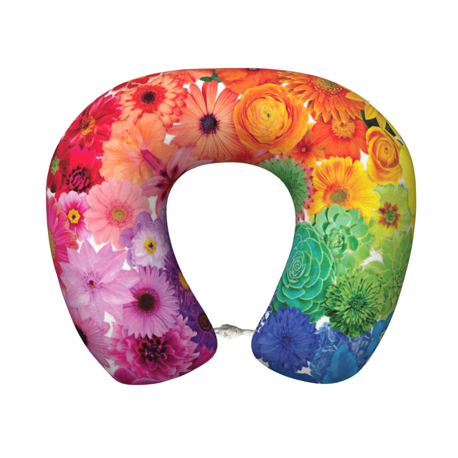 ASFgda U-Shape Memory Foam Rainbow Flowers Print Travel Pillow,Neck Support,Washable Cover For Airplane Car Home Office