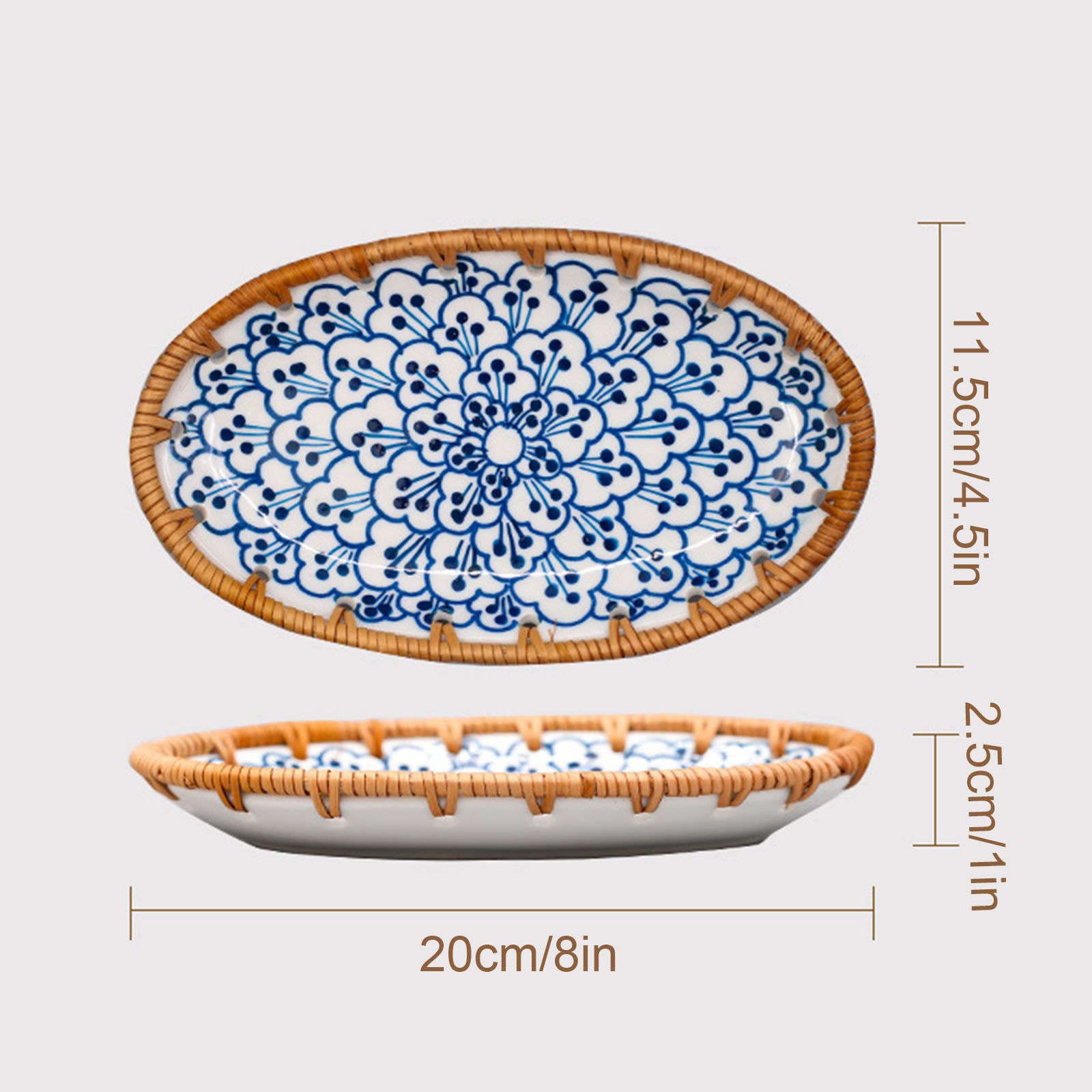 talerz obiadowy, Podzielone talerze obiadowe, talerz Diet Control, mały ceramiczny deserowy, zestaw 2 talerzy na przekąski z rattanu(B)