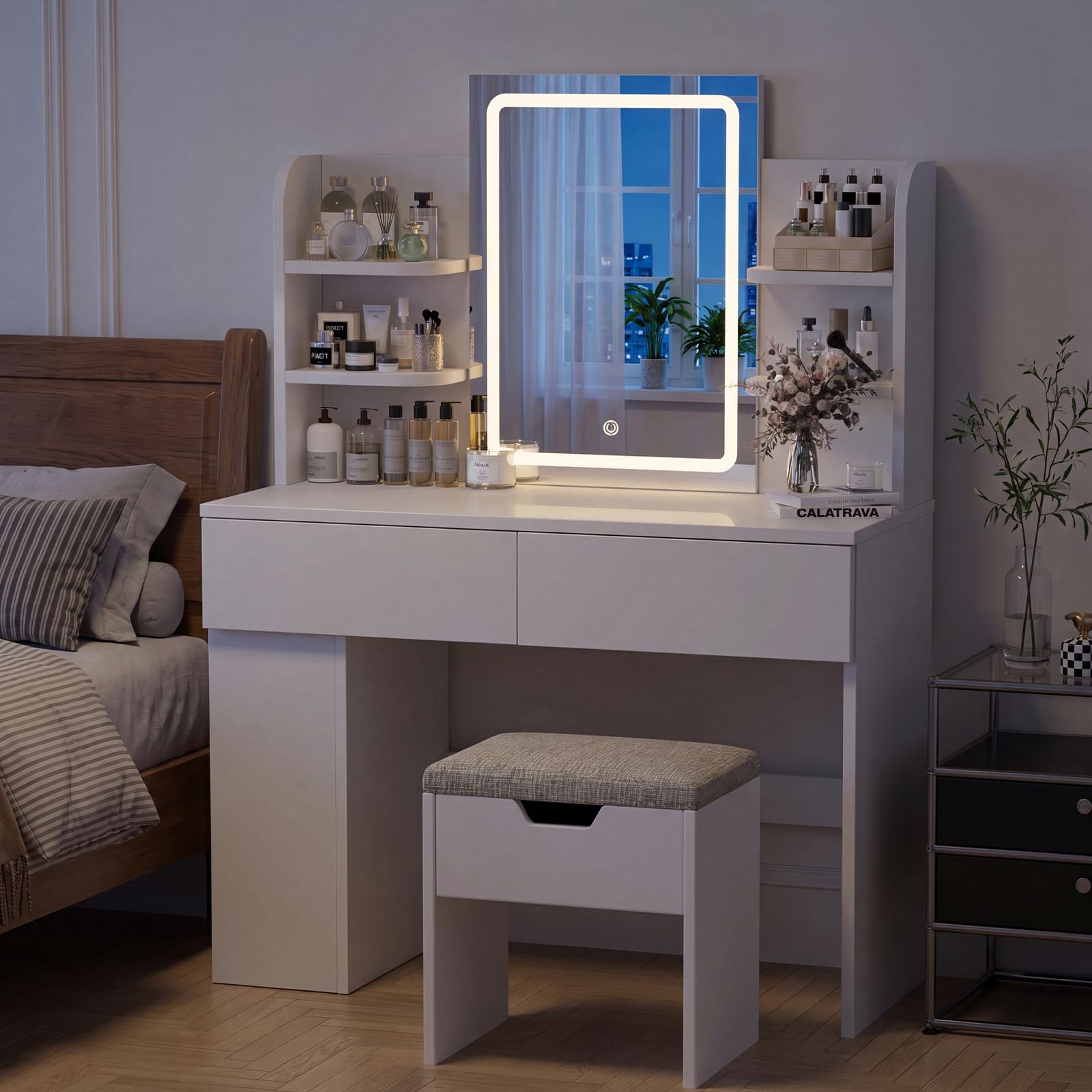 JUMMICO Schminktisch mit LED-Spiegel, moderner minimalistischer Schminktisch für Schlafzimmer, mit 2 Schubladen + 4 Regalen, 3-stufige Dimmfunktion und Touch-Schalter (Set, 135x90x40 cm)