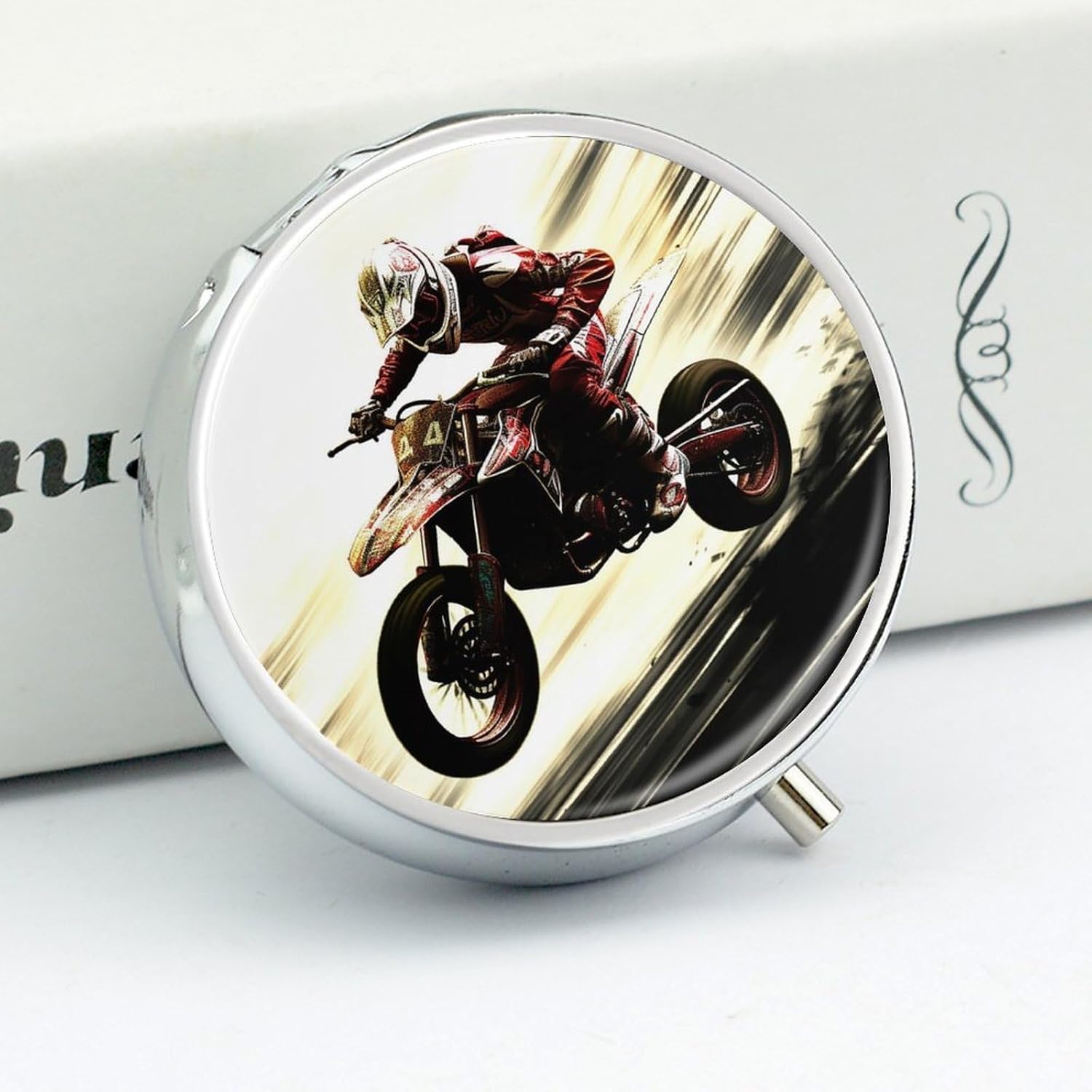Pill Box 3 Compartment Metal Medicine Pill Organizer Rider Racing Car Pill Case for Purse Or Pocket Cute Mini Portable Pill Holder Travel Pill Container to Hold Supplements, Vitamins, Fish Oil image 4