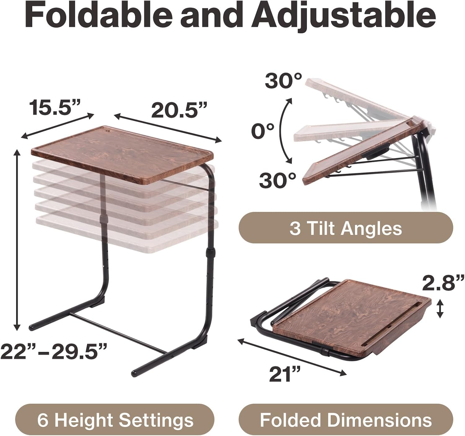 Japard Folding TV Tray Table, Small Bedside Sofa Dinner Table with Cup Holder, Adjustable 6 Height & 3 Tilt Angle (Woody 1pcs)