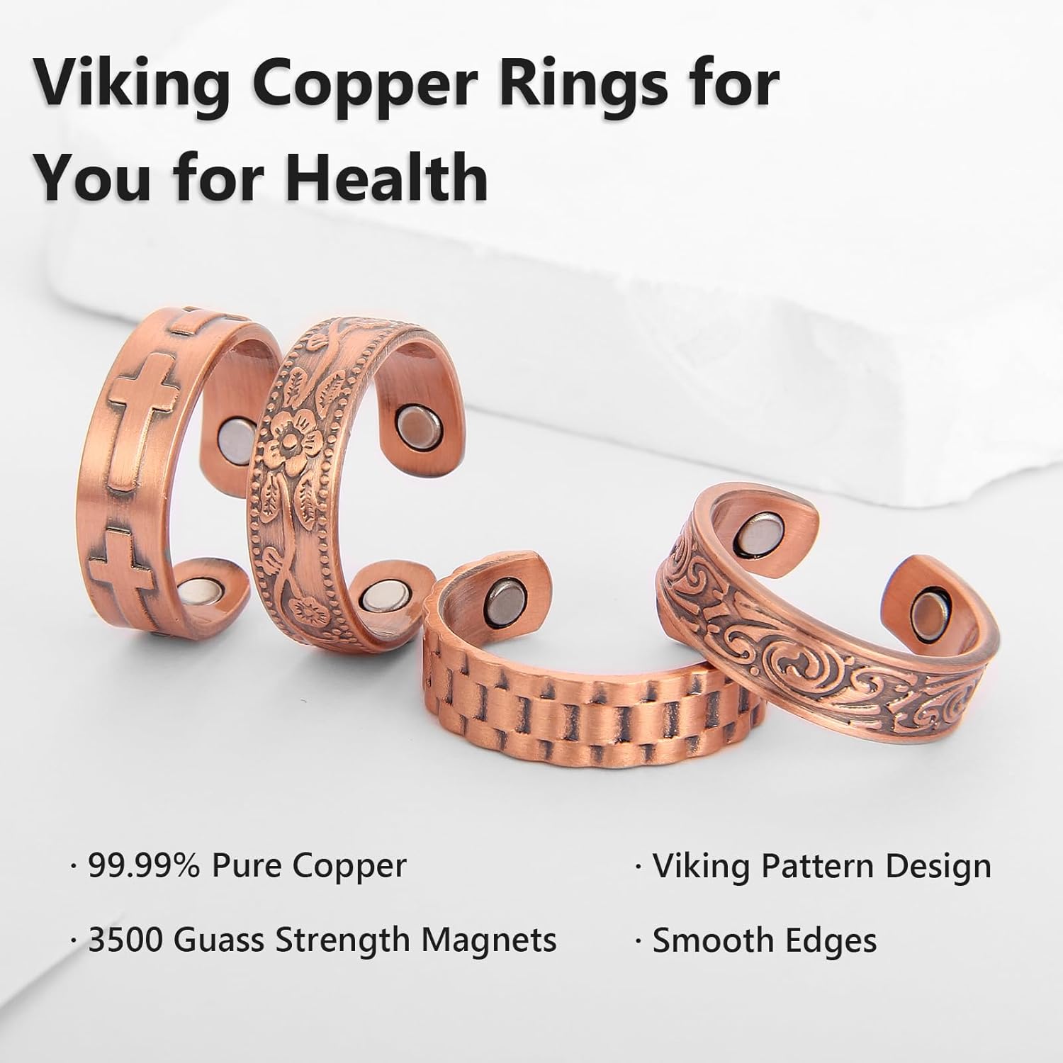 BioMag Magnetic Rings, Pure Copper Rings for Men Women, Adjustable Fingers Thumb Ring Jewelry Gift Copper D-4Pcs image 3 of 6 B09CCWHR23