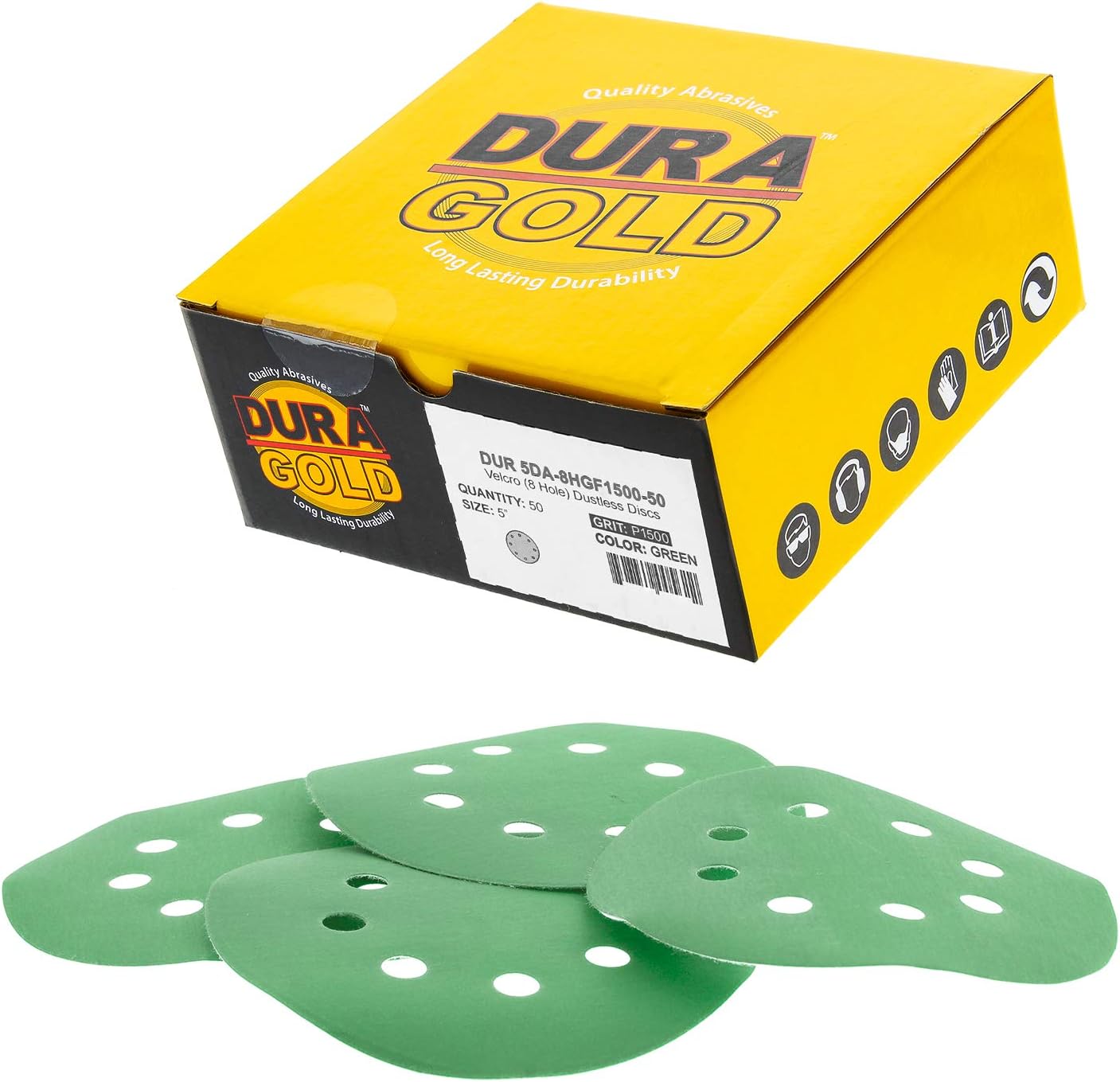 Dura-Gold Premium 1500 Grit 5" Green Film Sandpaper Discs, 8 Hole Pattern Dustless, 50 Discs - Hook & Loop Backing for Orbital DA Sander, Detailing Finishing Color Sanding Automotive Paint Woodworking