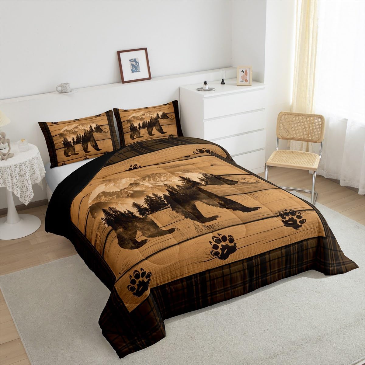 Feelyou Rustic Bear Comforter Set Farmhouse Black Bear Bedding Set Queen Size for Kids Boys Girls Forest Animal Wildlife Hunting Theme Duvet Quilt