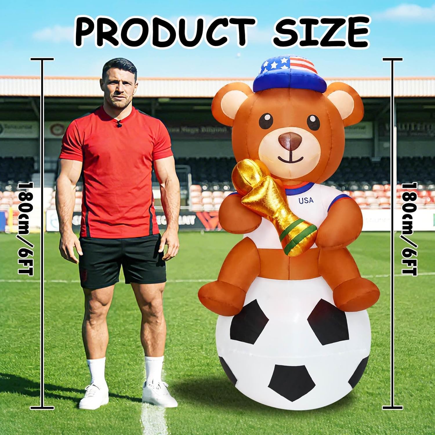 6FT Inflatable Teddy Bear Sitting On Soccer Ball Outdoor Decorations with Built-in LED Light, Blow Up Bear with Trophy & Football for Themed Party, Yard, Lawn, Garden, Game Day, Tailgate