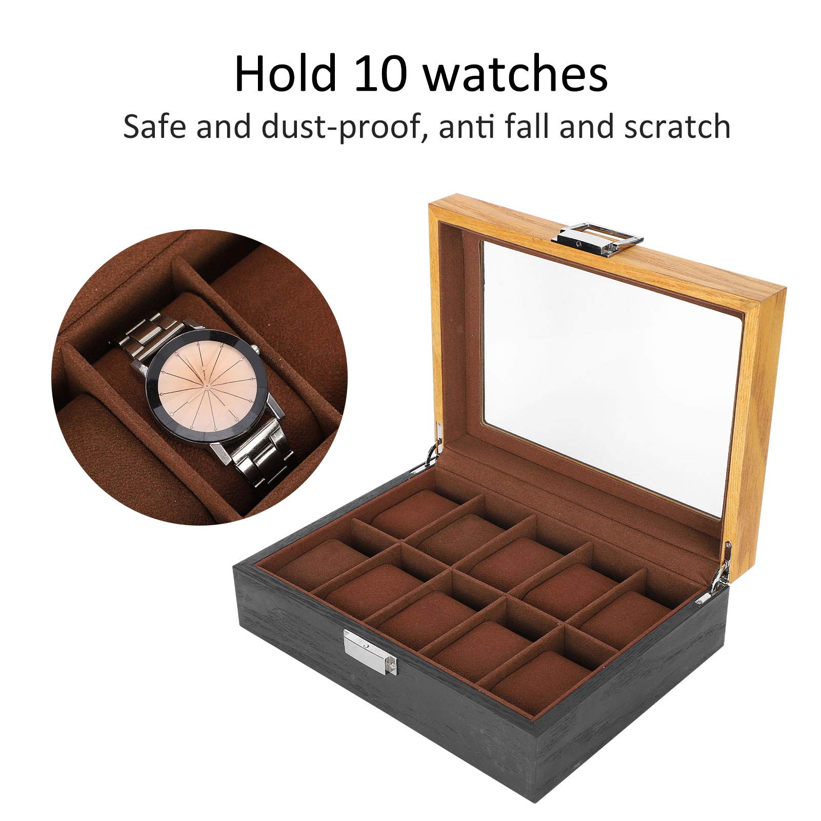 Rengue Caja de reloj de madera con 10 compartimentos, diseño de placa de vidrio, organizador de estilo vintage para colección de relojes para hombres, regalo perfecto para entusiastas de los relojes