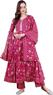 TARANJAL Women’s Cotton Hand Block Printed Anarkali Kurta Pant Dupatta Set | Calf-Length | Round Neckline | 3/4 Sleeves | ... Price In India
