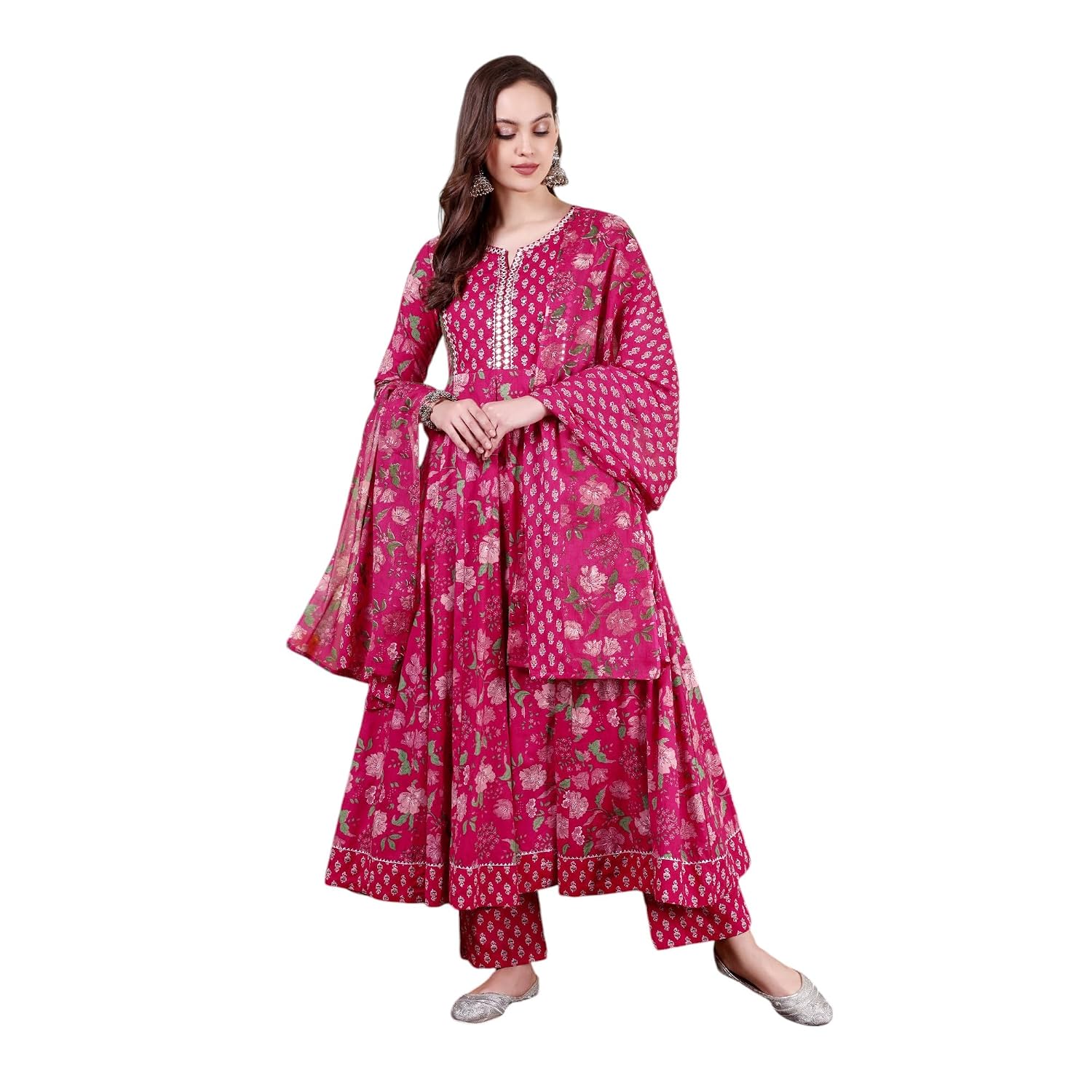 TARANJAL Women’s Cotton Hand Block Printed Anarkali Kurta Pant Dupatta Set | Calf-Length | Round Neckline | 3/4 Sleeves | ... - Review, Price and Buying Guide