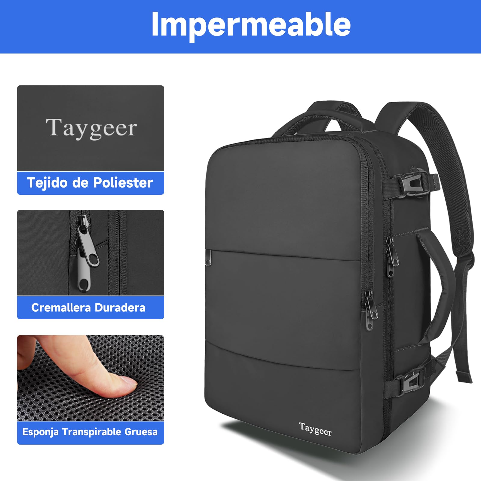 Taygeer Mochila Cabina 55x40x20, Mochila Viaje Cabina Equipaje de Mano | Bolsa para Zapatos Compartimento para Ordenador Portatil Multifuncional Impermeable para Negocios, Viajar, Trabajo