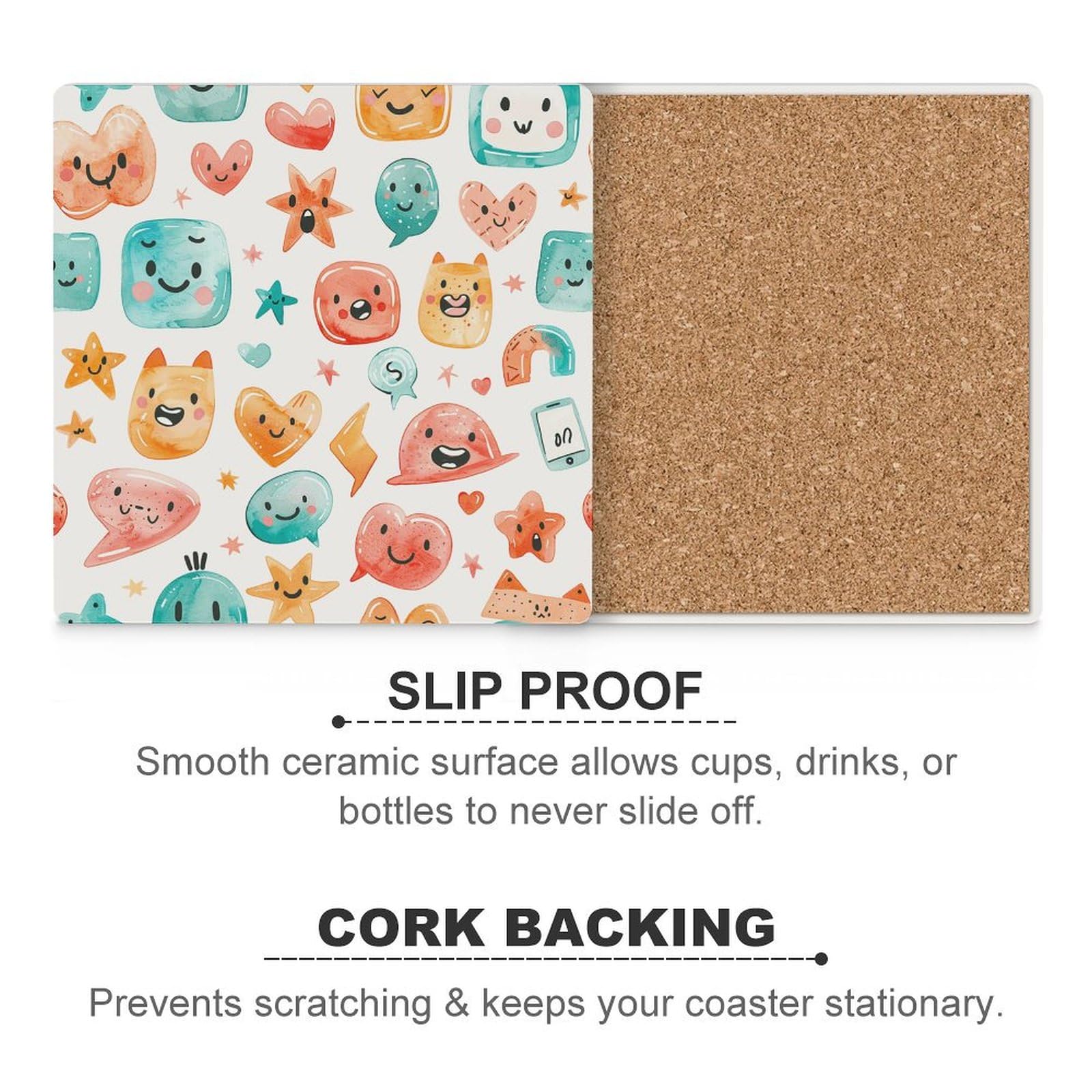 4 posavasos cuadrados de cerámica para bebidas, burbujas de discurso y símbolos, posavasos impresos para el hogar y el café, regalos de cumpleaños, adecuados para tipos de tazas