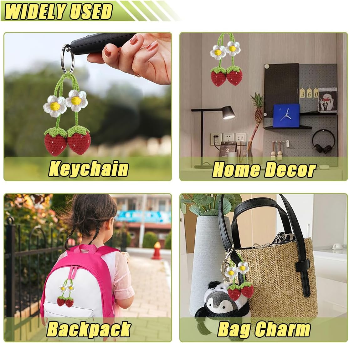 JOYCOURT Crochet Strawberry Car Hanging Ornament, Handmade Knitted Mirror Hanging Car Interior Accessories, Car Rear View Mirror Charm, Cute Car Pendant Fruit for Gift Gardening Hanging (Red)