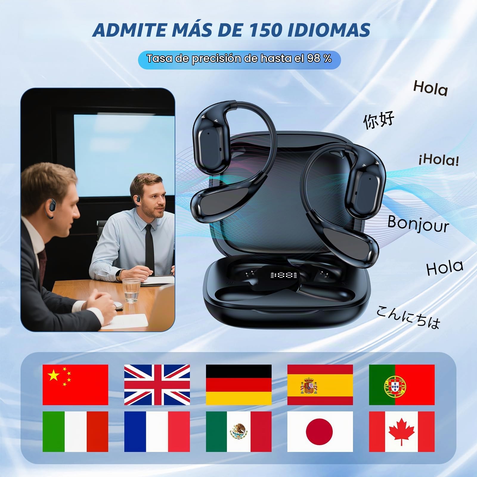 AI Auriculares de traducción en Tiempo Real, 6 Modos de traducción, admite 150 Idiomas y traducción sin conexión, Auriculares traductor Bluetooth 5.4, adecuados para reuniones y Viajes.