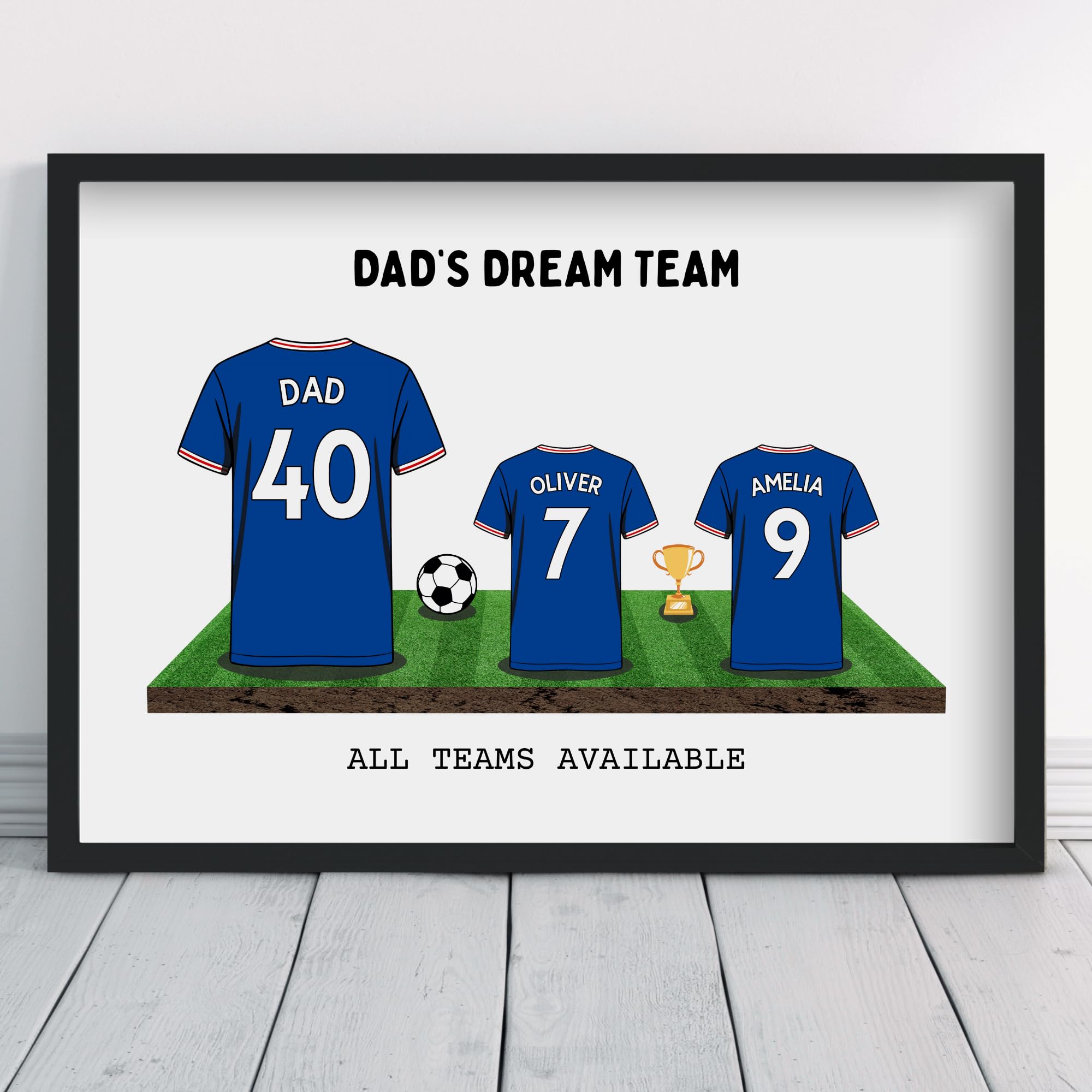 Personalised Rangers Dream Team Shirt Art | All Teams Available | Framed or Prints | Gift for Dad, Grandad, Uncle, Family | Unique Football Footy Fan Wall Keepsake Sports