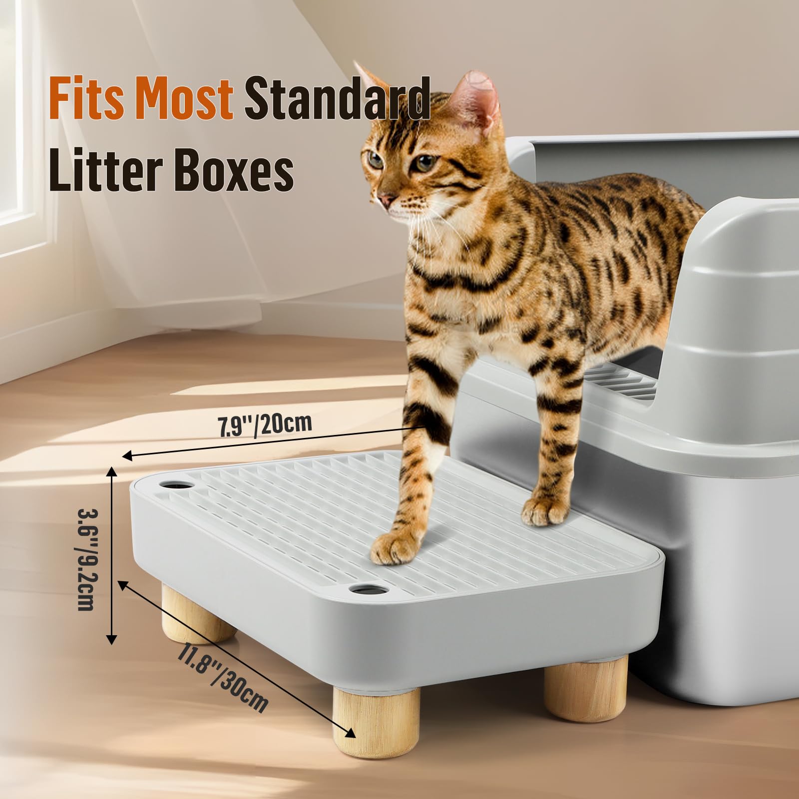 Scala per gatto rialzata, gradini per lettiera con piedini in legno, pedale di filtraggio per lettiera per gatti, ideale per gattini e gatti anziani (Grigio chiaro)