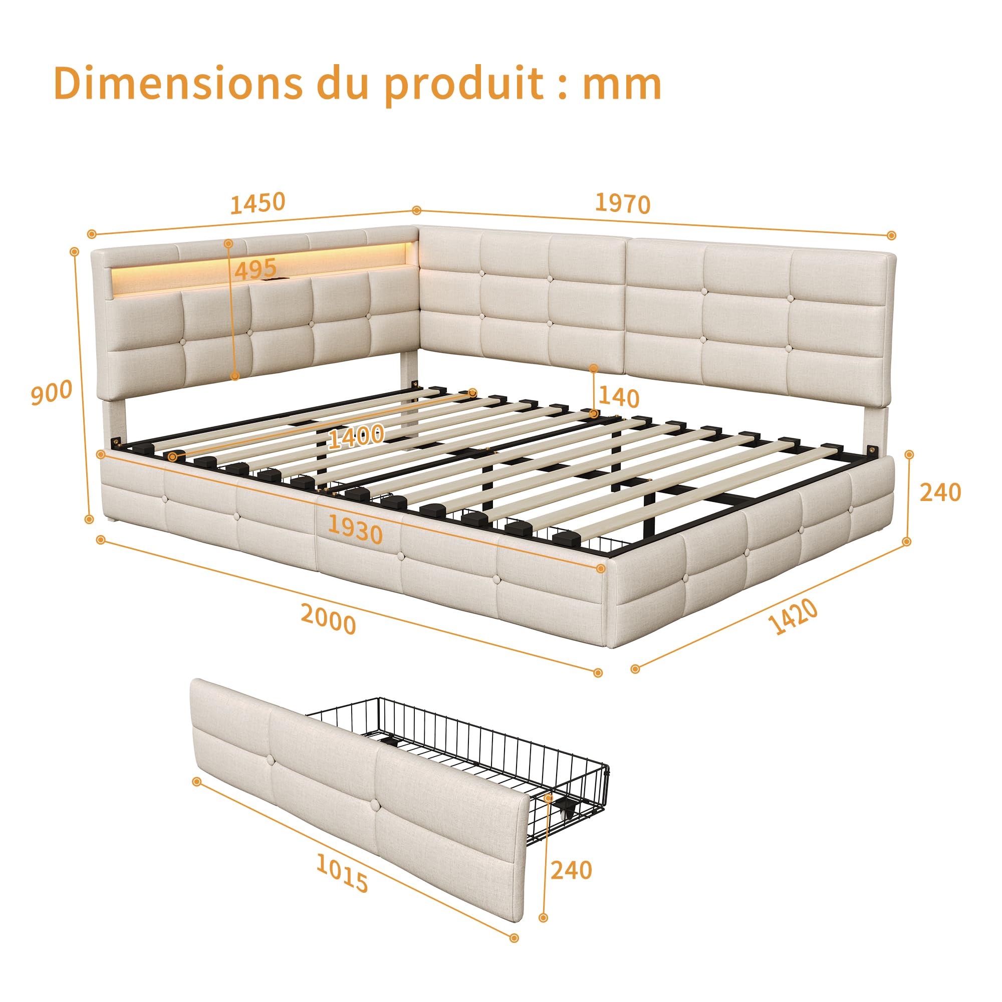 Letto Contenitore 140x190 con 2 Cassetti, Letto Imbottito Matrimoniale con Illuminazione a LED e USB, Divano Letto con Rete a Doghe per Soggiorno, Camera da Letto