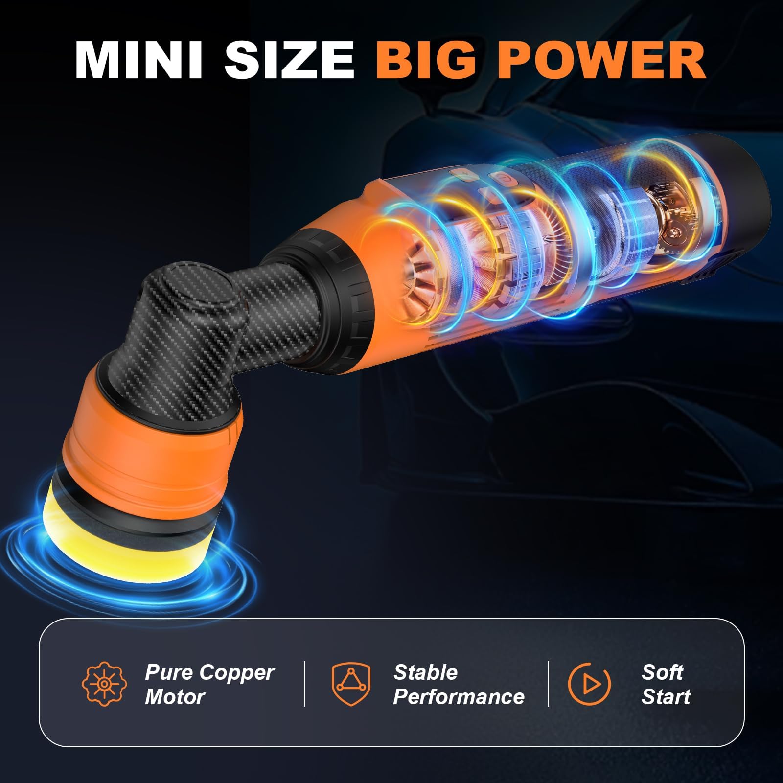 Protmex Mini Poliermaschine Auto Akku, 1.2/1.6/2 Inch Mini Poliermaschine 8 Geschwindigkeiten 2500-6000RPM Rotations&Orbital Polieren 12V 2.0Ah Batterie Auto Polier für Autodetailing