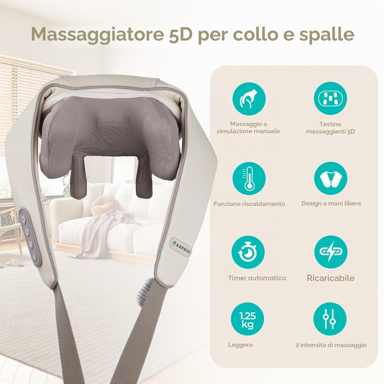 Massaggiatore shiatsu 5D per collo e spalle, massaggio profondo dei tessuti con funzione calore, ricaricabile, portatile, regalo per donne, uomini, amici, familiari
