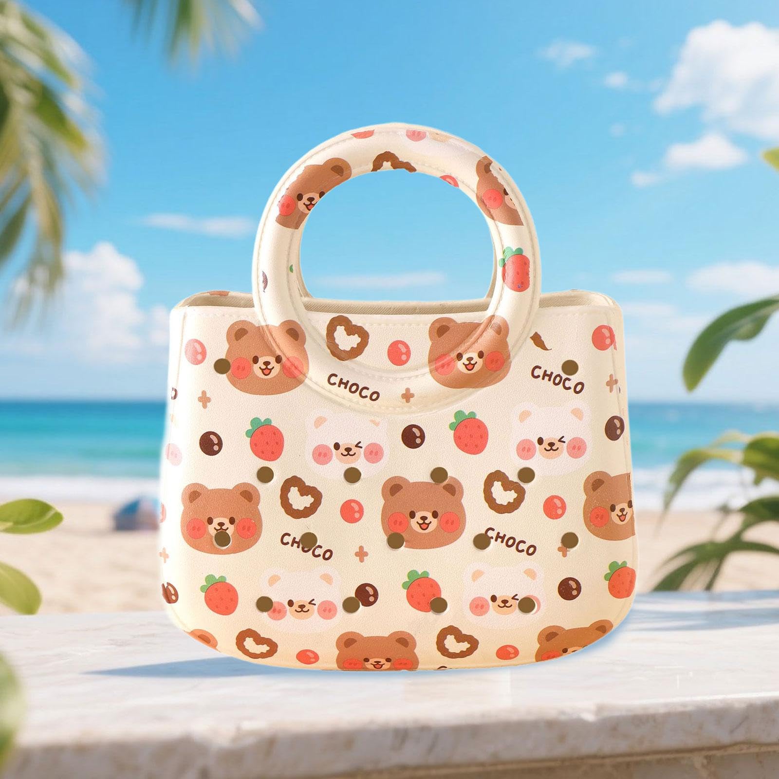 Borsa Mare Donna Borsa Spiaggia Impermeabile Borsa Cartoon Manico EVA Creativa Borsa con Fori Regalo Traspirante Adatta a Piscina Barca Viaggi, Orso di Fragole