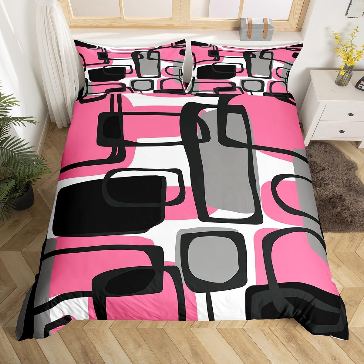 jejeloiu Pink Bedding Set Toddler Size Kids, Geometric Plaid Comforter Cover for Boys Girls, Modern Abstract Duvet Cover Soft Lightweight Microfiber,No Stuffing