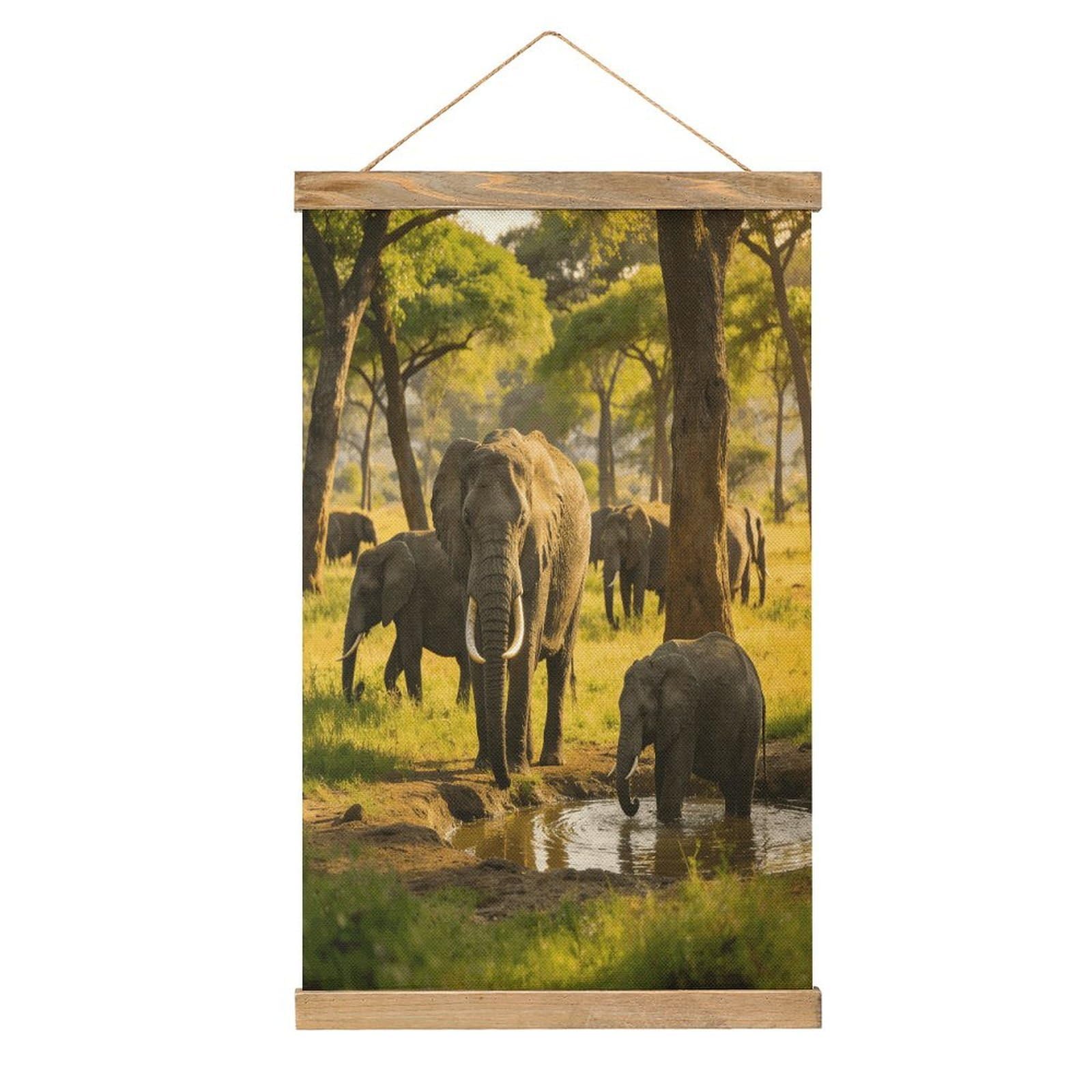 VstaDank Natural Trees And Elephants Poster with Wooden Frame Hanger Art Painting Wall Decor Poster Wall Hanging Wooden Frame 13x20 Wood Poster Hanger for Photo Picture Art Canvas Print Artwork