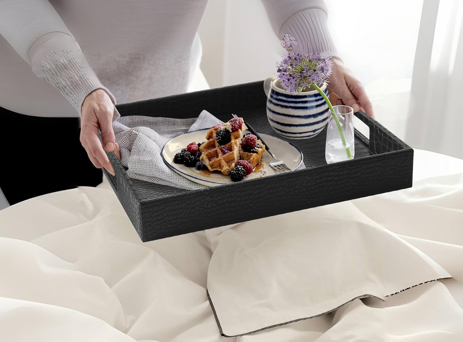 HofferRuffer Rectangle Serving Tray with Hole Handles for Coffee Table, Breakfast, Tea, Food, Butler - Countertop, Kitchen, Vanity Serve Tray, 16.2 x 12.2 x 2 inches, Faux Leather (Black Croco) - Image 5