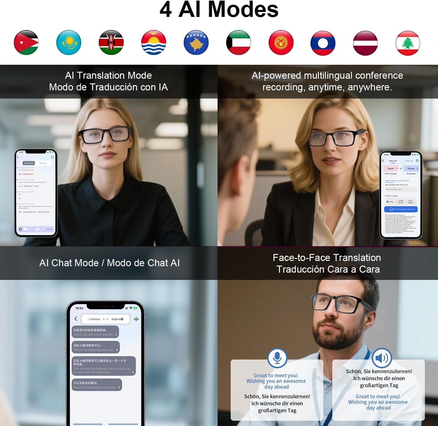 AI Smart Glasses for Men Women, Real-Time Translation, Support 160+ Languages, Video/Audio Calls, AI Noise Reduction, Extra Sunglasses Lens Included, Bluetooth Eyewear for Indoor Outdoor