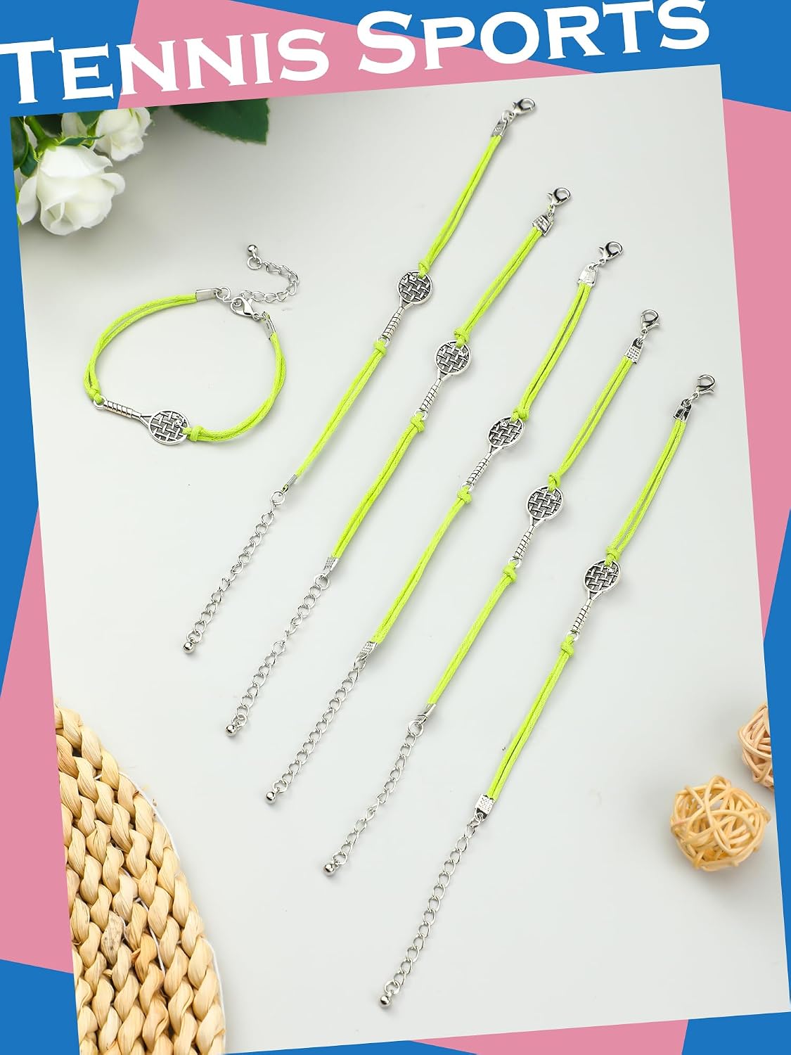 Crowye 24 Pcs Tennis Bracelet Jewelry for Women Adjustable Braided Wax Rope Tennis Racket Charm Bracelet Gifts for Women Men Teams Players Birthday Friendship