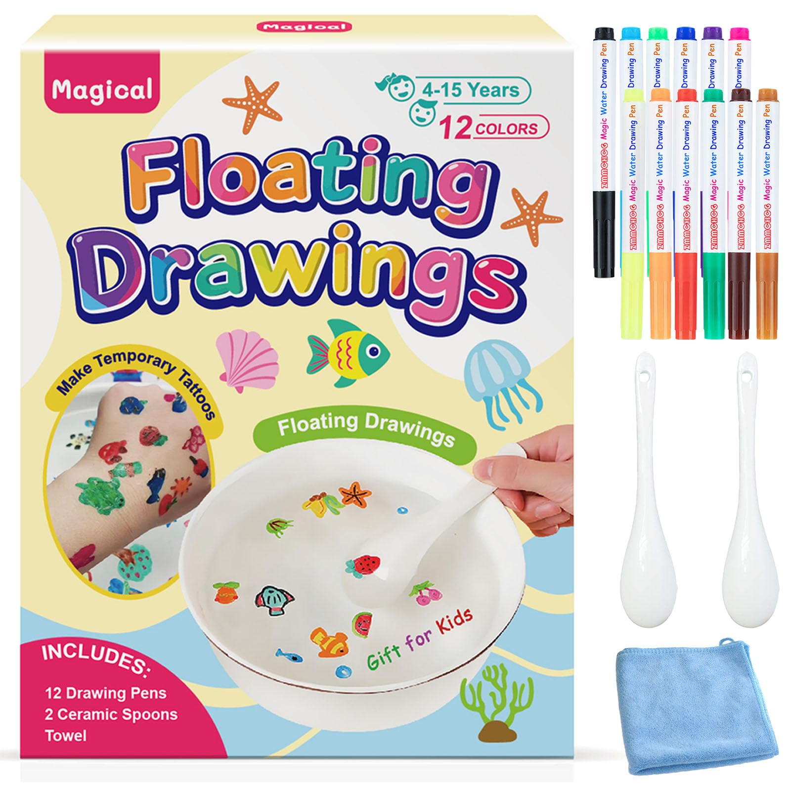 12-Color Magical Floating Pens with 2 Spoons & 1 Towel, Water Art Magic Floating Drawing Pens for Kids, Magical Floating Drawings Bundle, Transfer Tattoos Craft Set Gift for Girls & Boys Ages 4-12 — image 1