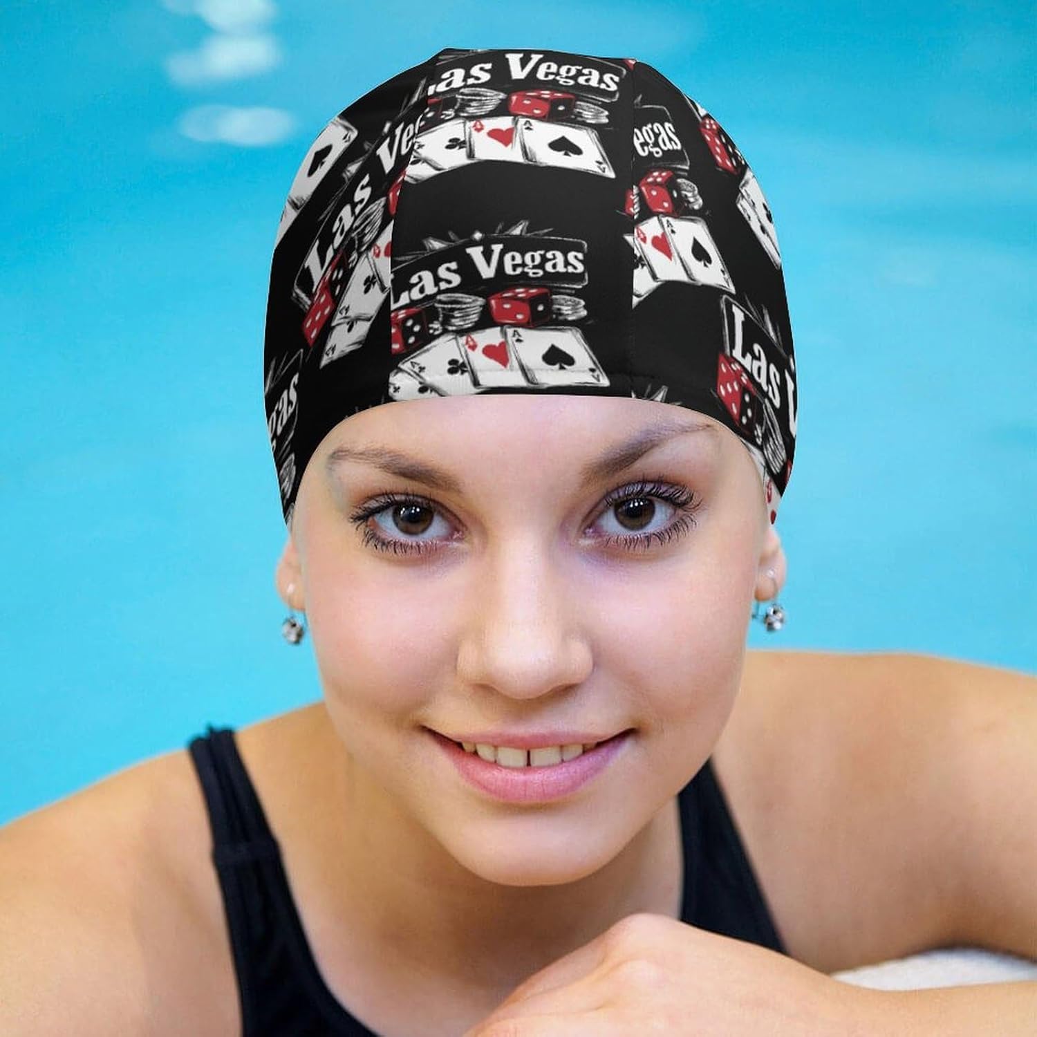 Las Vegas Nevada Dices Cards Womens Swim Cap for Men Adult Swimming Hat Curly Short Medium Long Hair