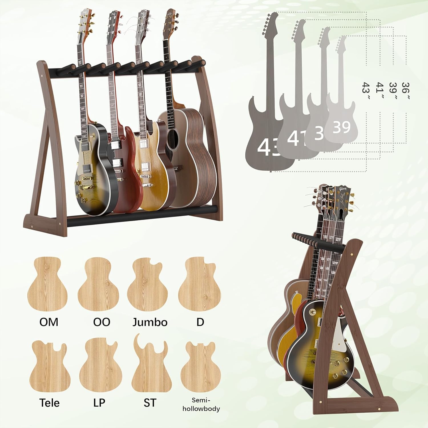 Multi Guitar Stand Heavy Duty - Wood Floor Stand for Electric Guitar and Bass, Adjustable Non-Slip Guitar Rack, Holds Multiple Guitars & Basses (Electric Guitar Stand, Bass Stand, Wood Guitar Stand)