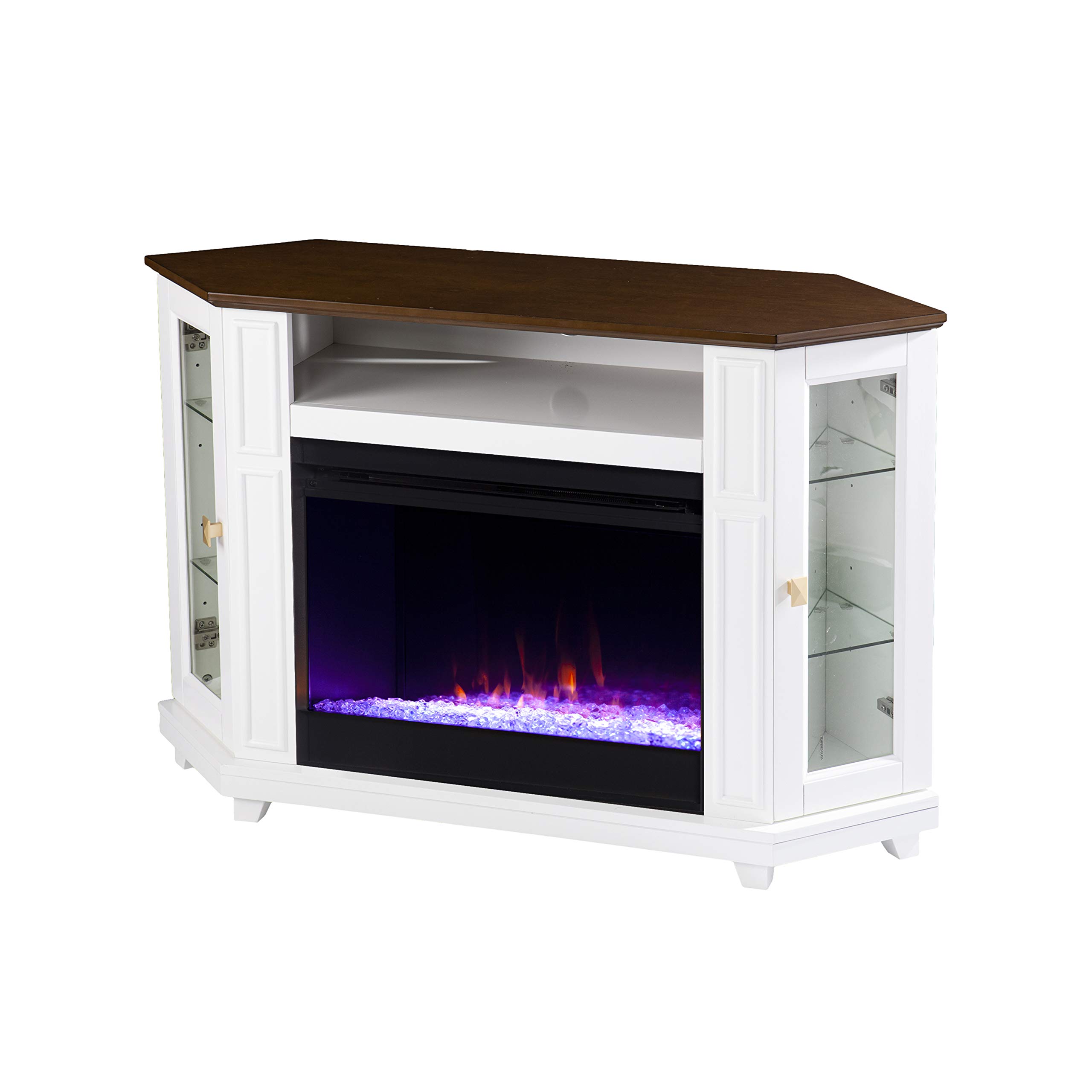 SEI Furniture Dilvon Corner Electric Fireplace TV Stand with Storage for TVs up to 45 Inches, Color Changing LED Flame, White